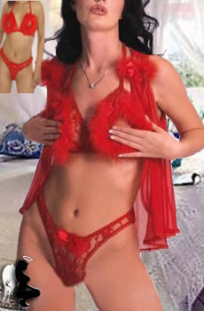 Red Marabou Feather 3 Pcs Open-cup Crotchless Thong Set